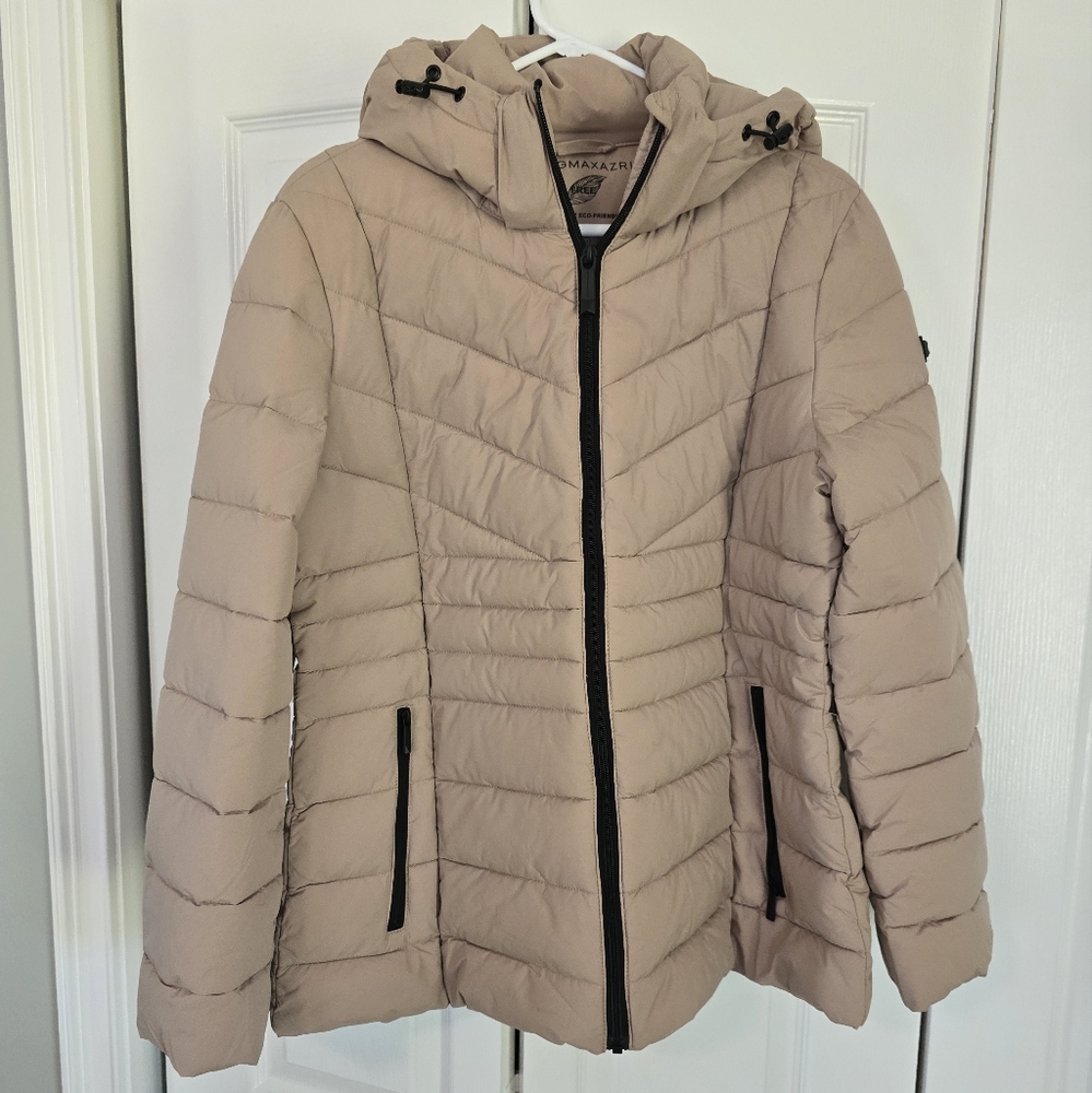 BCBG Tan Puffer Jacket with Chevron Quilting